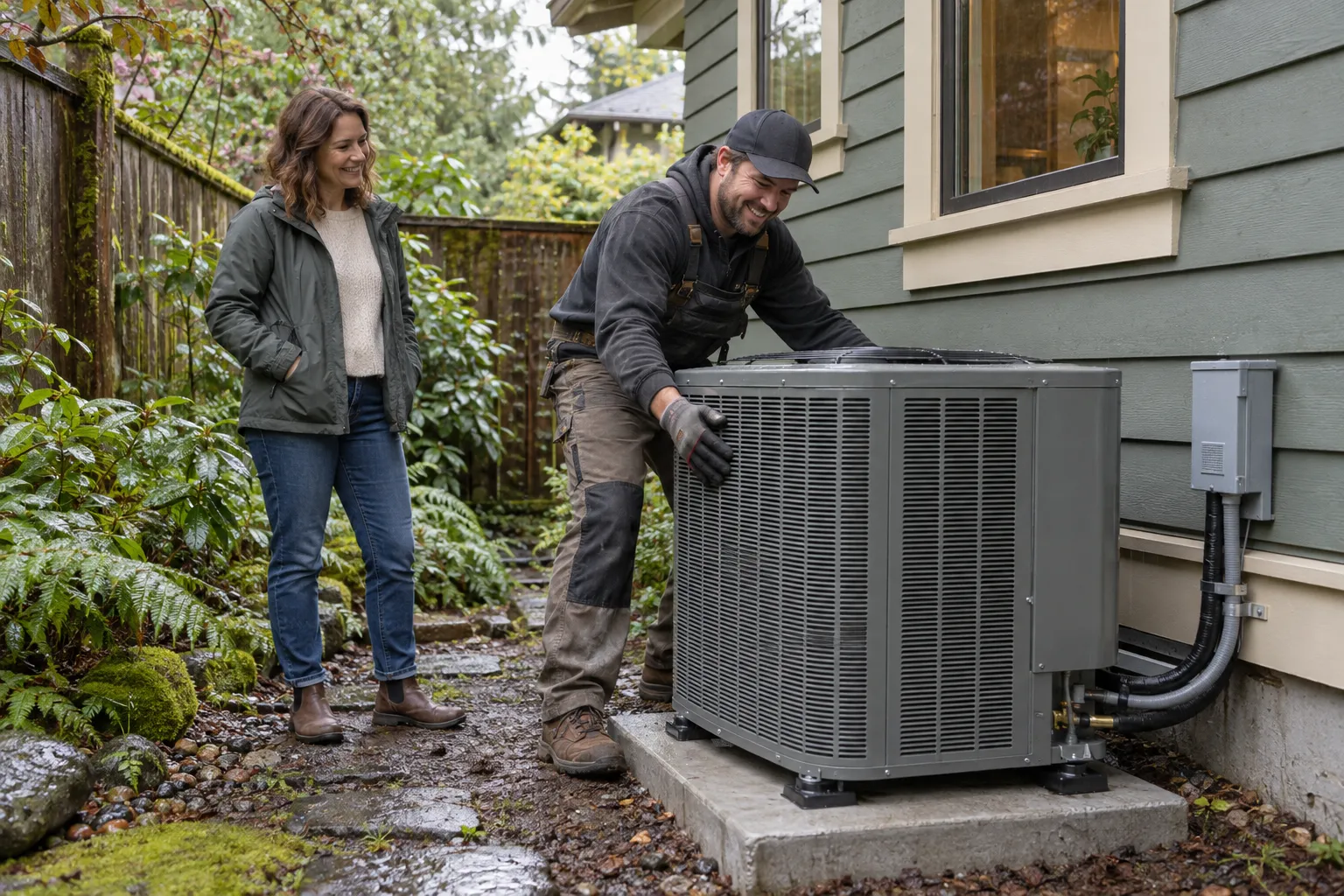 Friendly HVAC provider installing a new outdoor AC unit beside a wood-frame home in the Carbonado area