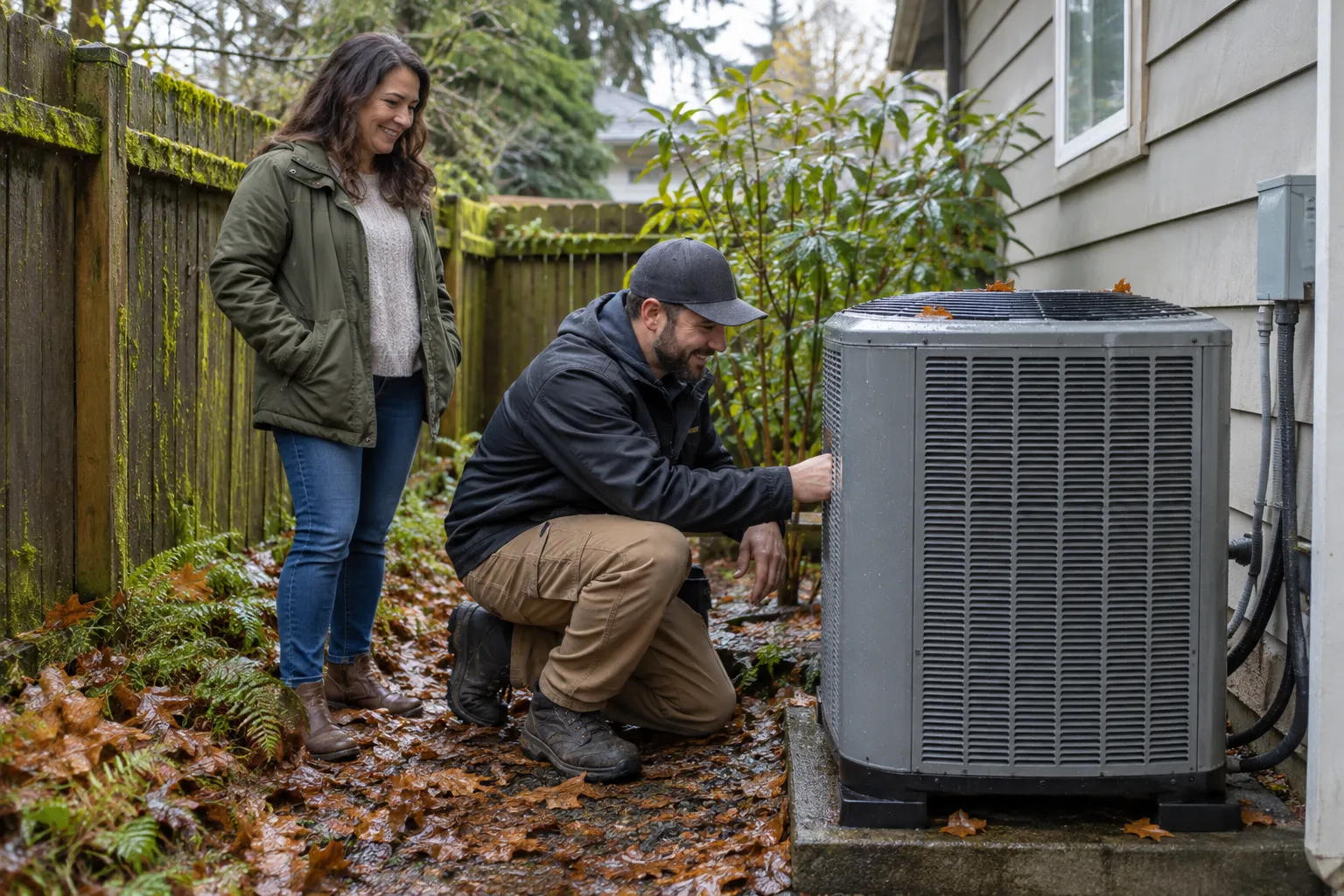 A local HVAC provider checking an outdoor AC unit beside a wood-frame home in the Carbonado area