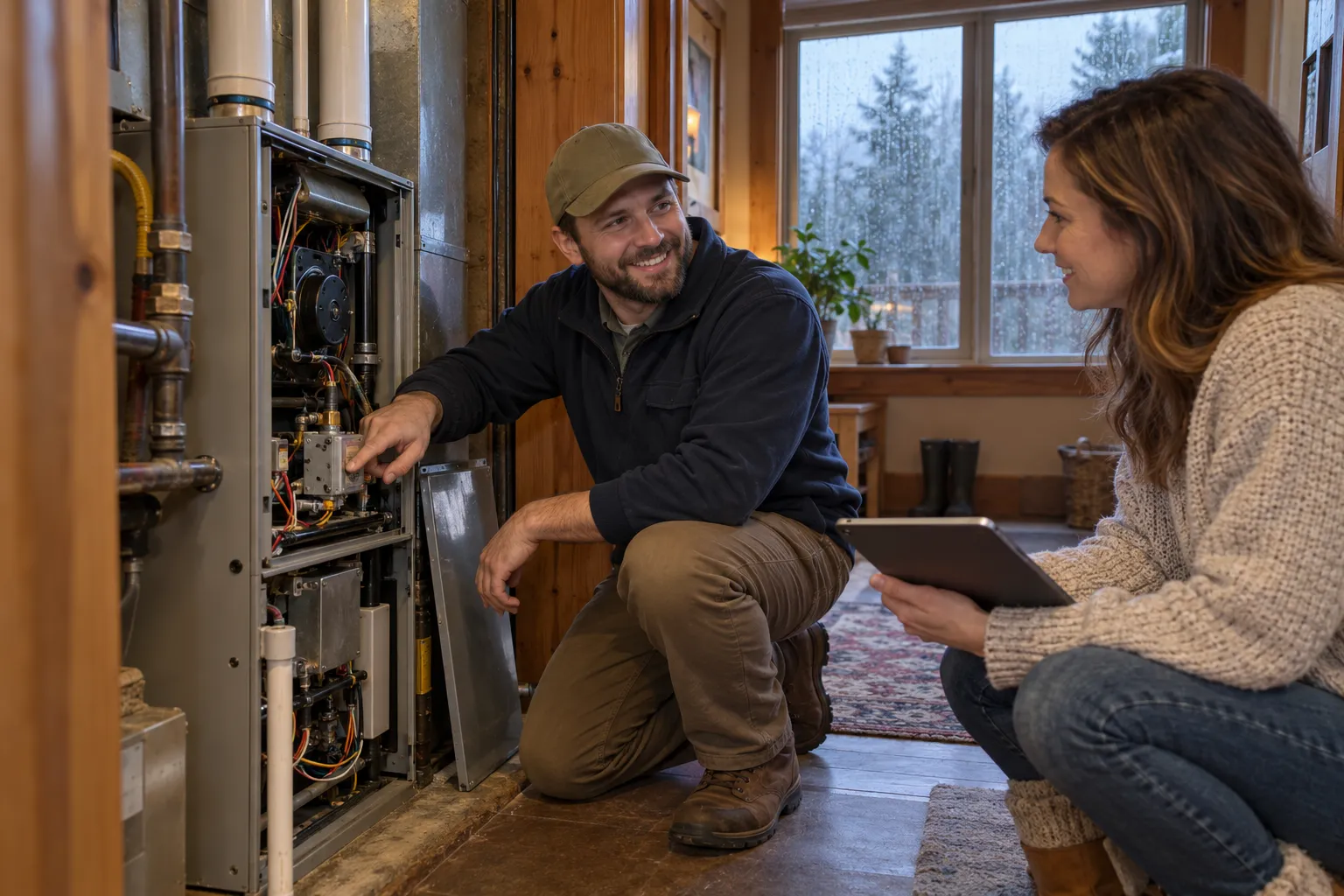 A friendly HVAC provider showing a homeowner the furnace in a utility closet in a home near Carbonado